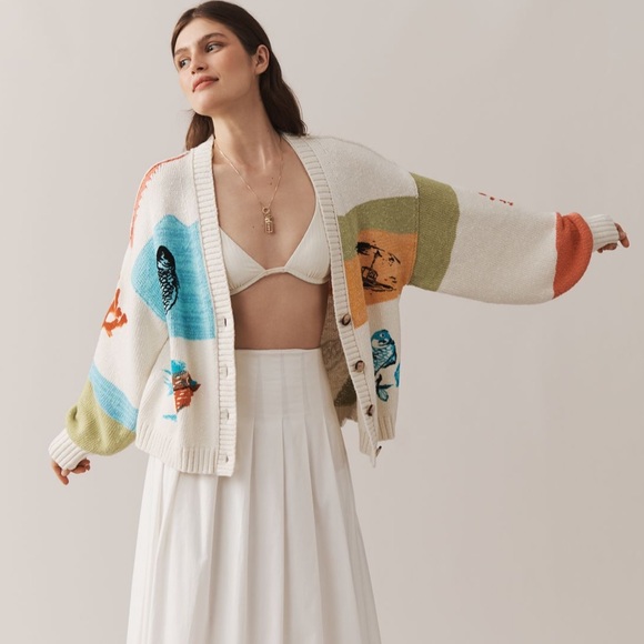 Pilcro Anthro Icon Graphic Fish Beach Cardigan Sweater Medium - Picture 2 of 7